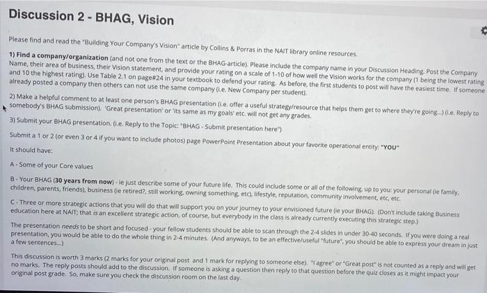 Discussion 2 - BHAG, Vision Please find and read