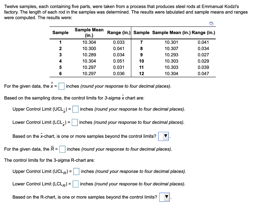 Twelve samples, each containing five parts, were