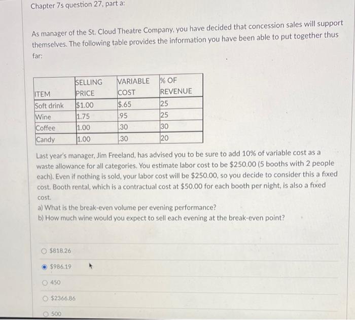 Chapter 7s question 27. part a: As manager of the
