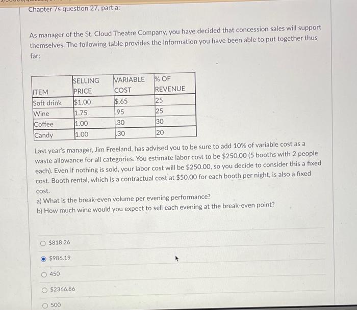 Chapter 7s question 27. part a: As manager of the