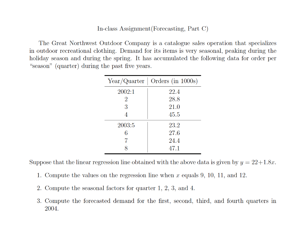 In-class Assignment(Forecasting, Part C) The