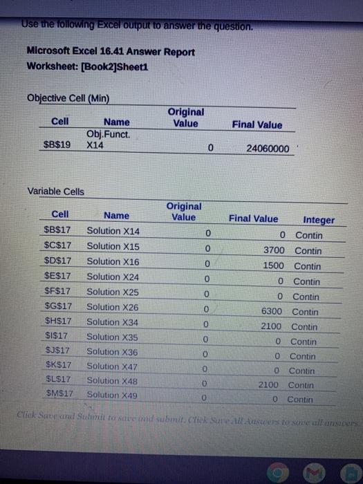 Use the following Excel output to answer the