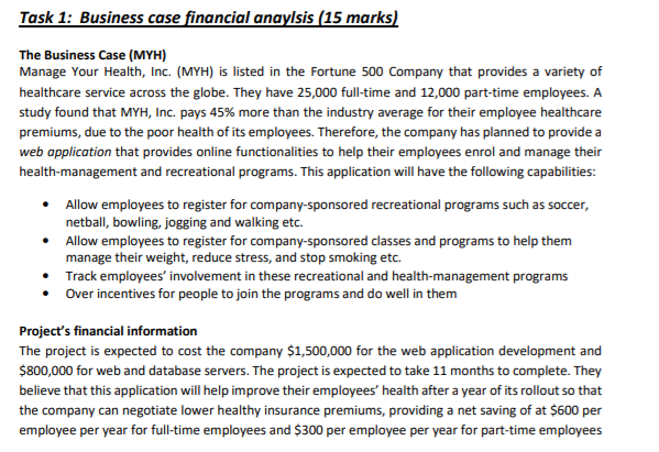Task 1: Business case financial anaylsis (15