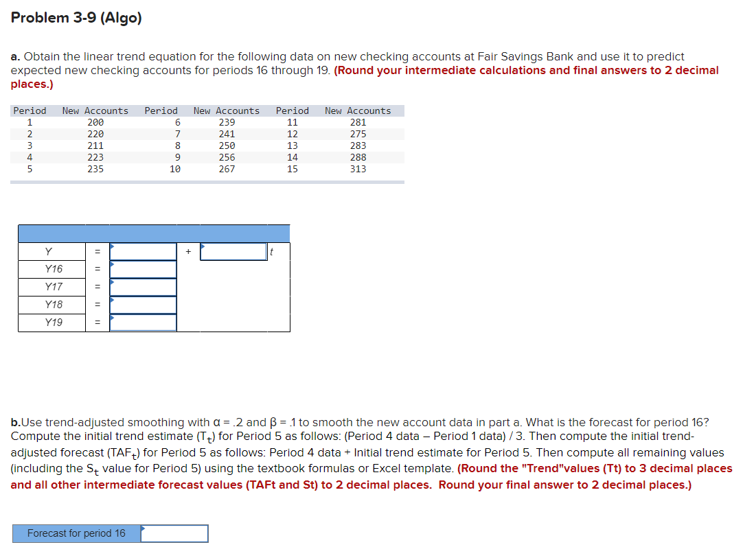 Problem 3-9 (Algo) a. Obtain the linear trend