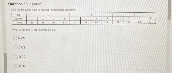 Question 13 (6 points) Use the following data to