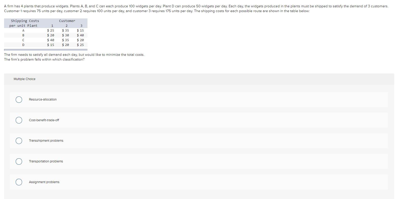 A firm has 4 plants that produce widgets. Plants