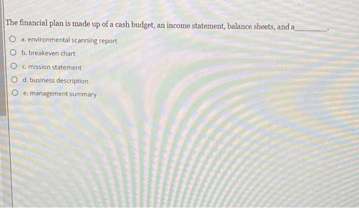 The financial plan is made up of a cash budget,