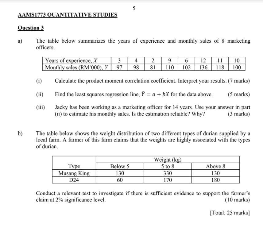 5 5 AAMS1773 QUANTITATIVE STUDIES Question 3 a)