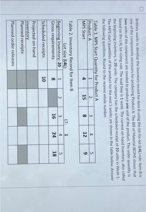 Brittney wants to develop the inventory record