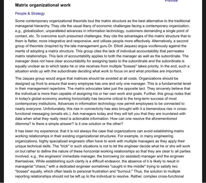 Questions 1. What is a matrix organization? Why