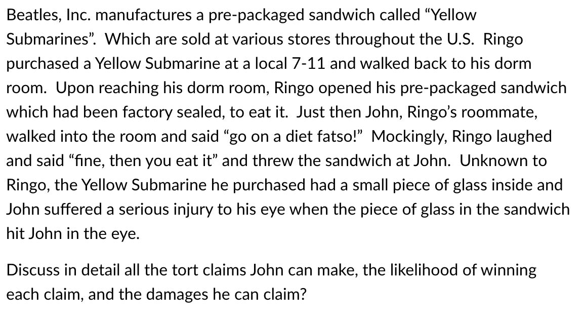 Beatles, Inc. manufactures a pre-packaged