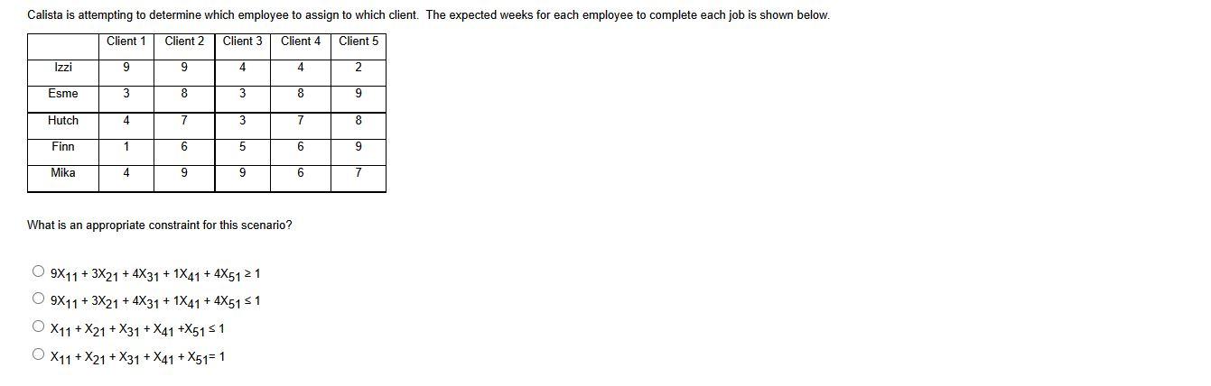 Calista is attempting to determine which employee