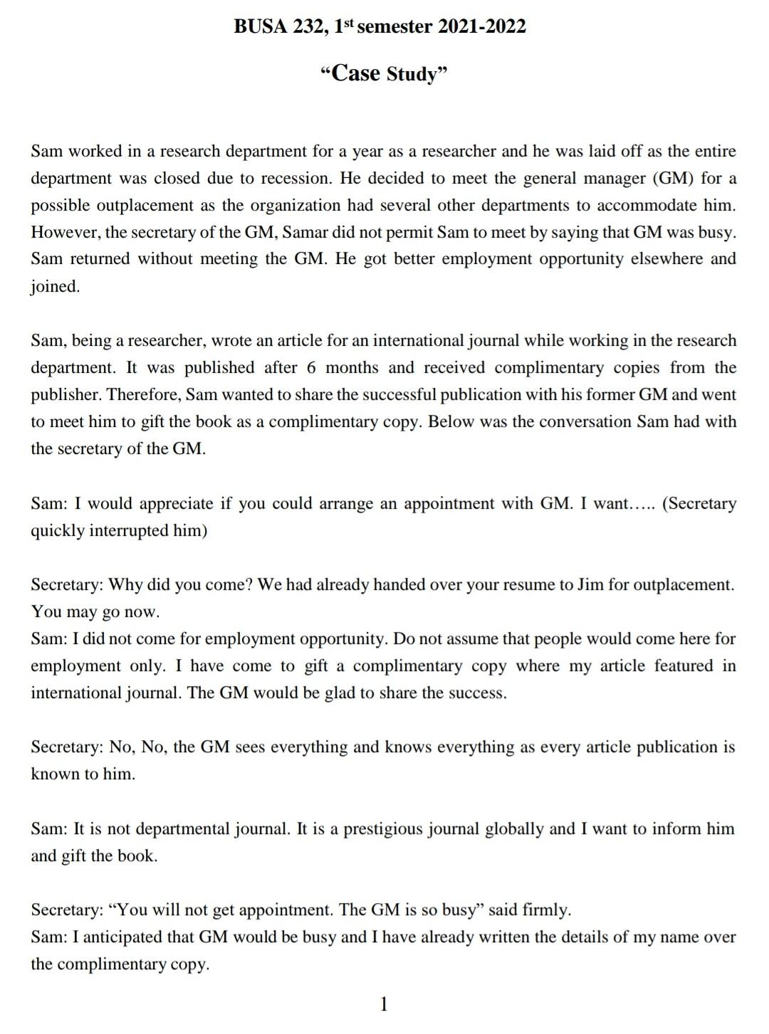 BUSA 232, 1st semester 2021-2022 Case Study Sam