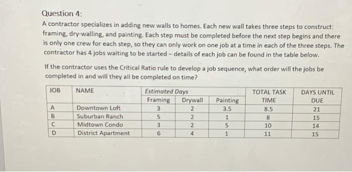 Question 4: A contractor specializes in adding