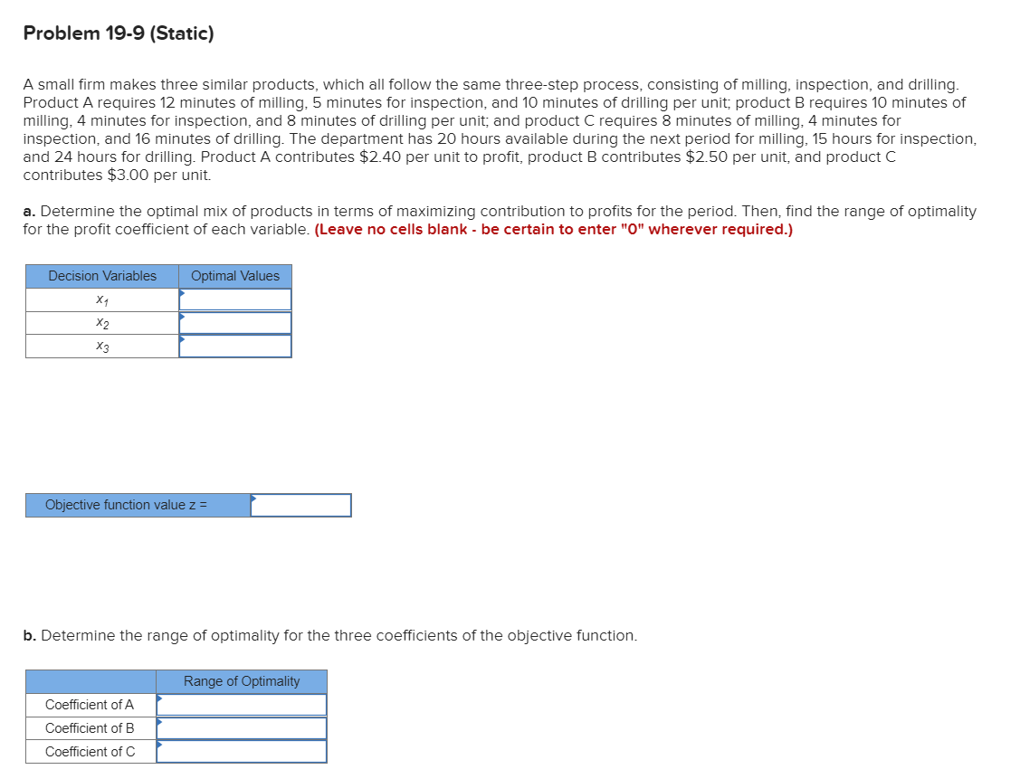 Problem 19-9 (Static) A small firm makes three