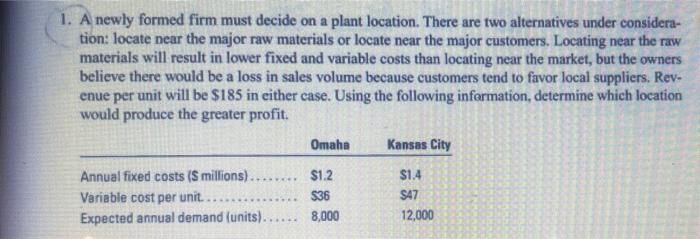 1. A newly formed firm must decide on a plant