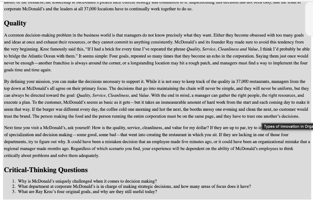 2. What department at corporate McDonalds is in