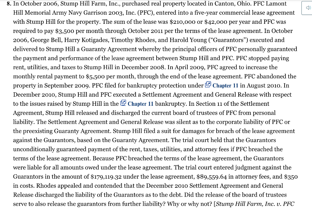 8. In October 2006, Stump Hill Farm, Inc.,