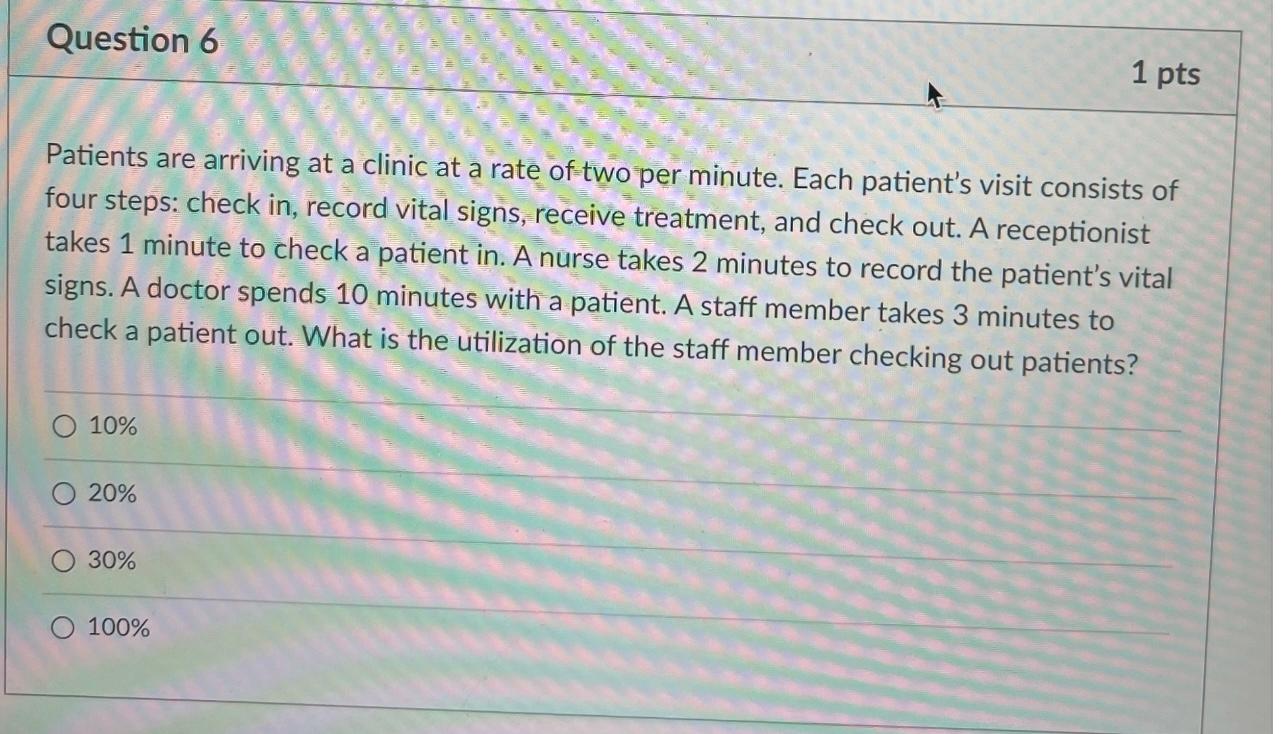 Question 6 1 pts Patients are arriving at a