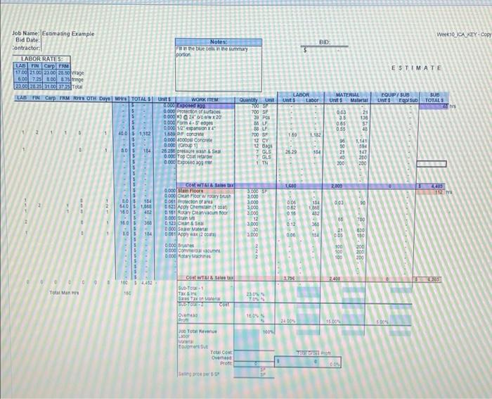 Fill in Blue cells in the summary portion. Week