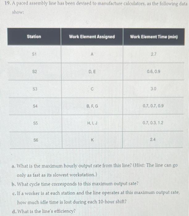 19. A paced assembly line has been devised to
