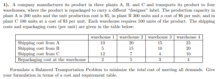 1). A company manufactures its product in three