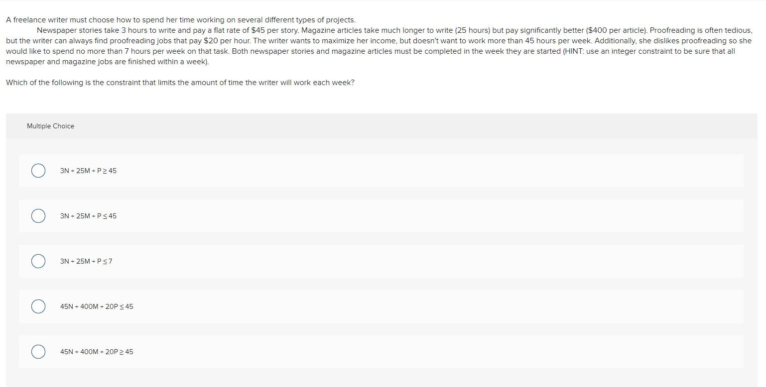 A freelance writer must choose how to spend her