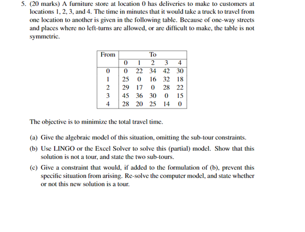 5. (20 marks) A furniture store at location 0 has