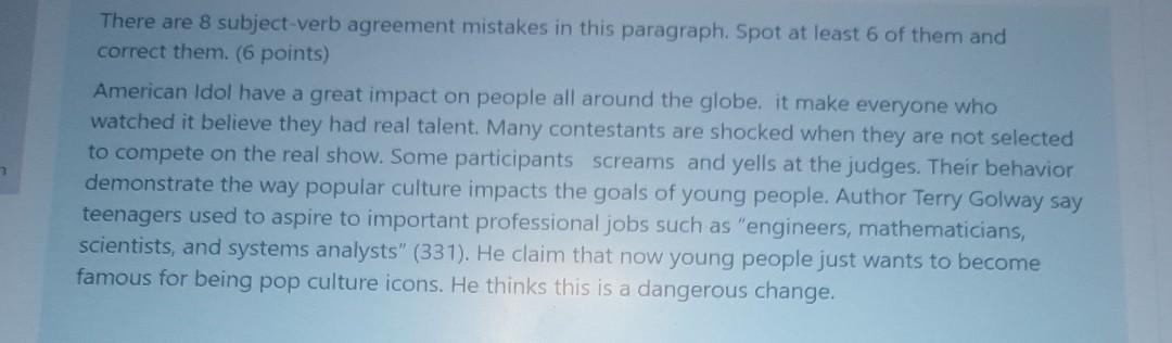 asap please There are 8 subject-verb agreement