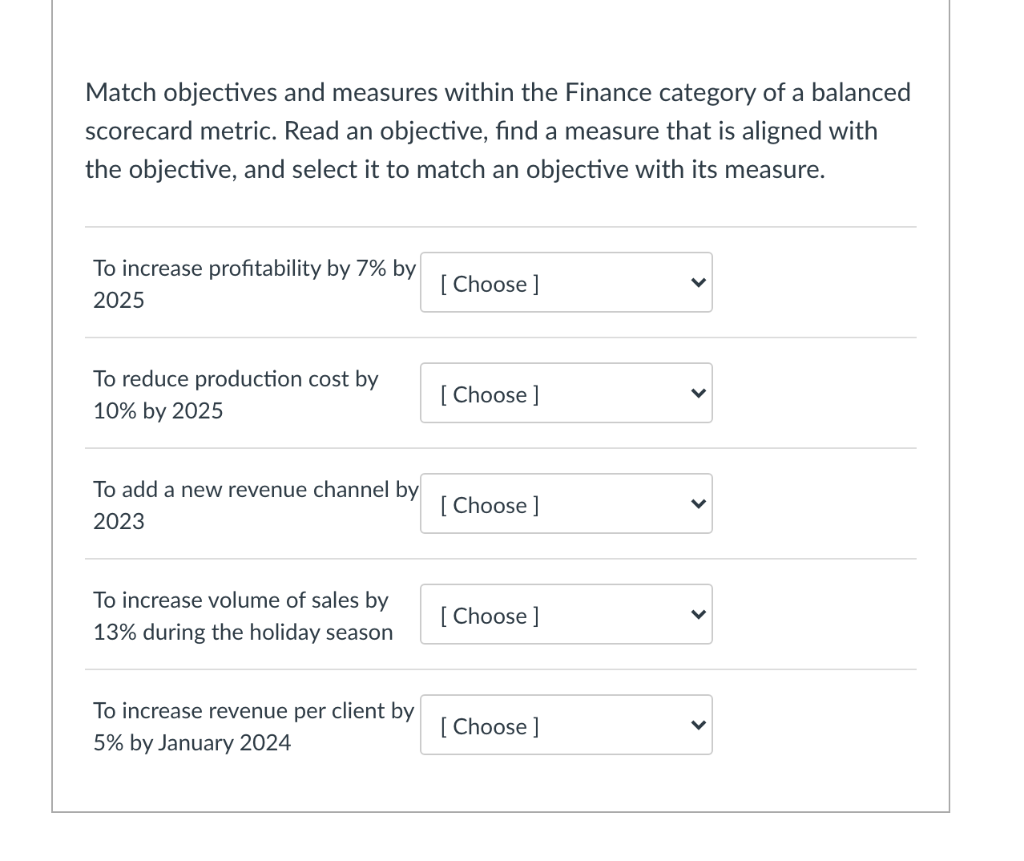 Match objectives and measures within the Finance