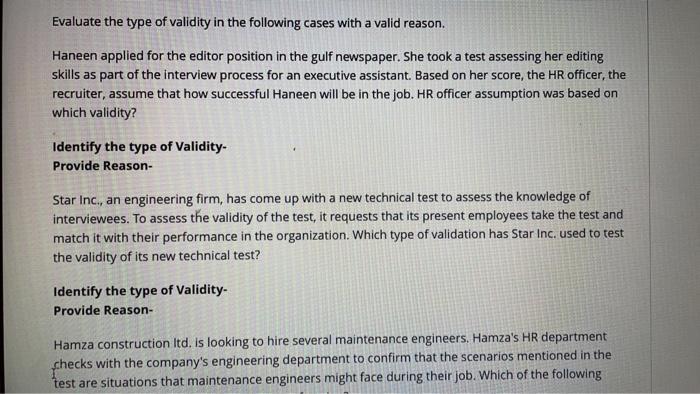 Evaluate the type of validity in the following