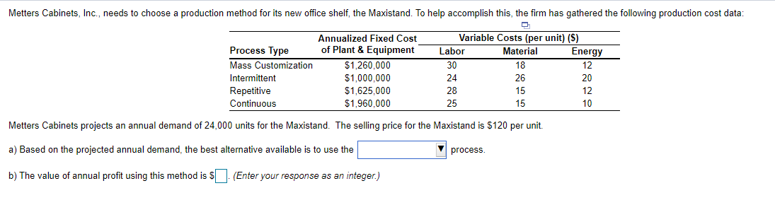 Metters Cabinets, Inc., needs to choose a