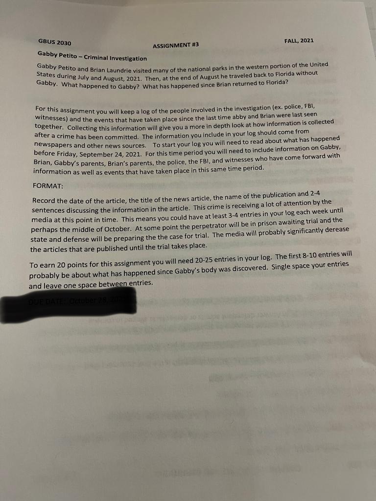 GBUS 2030 FALL, 2021 ASSIGNMENT #3 Gabby Petito -