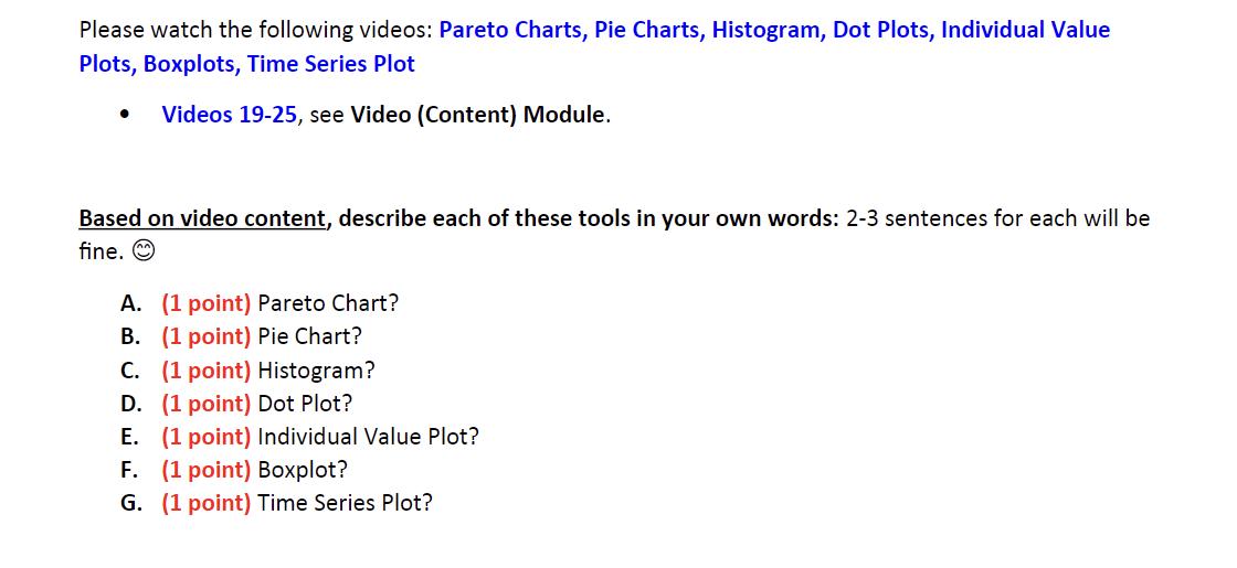 Please watch the following videos: Pareto Charts,