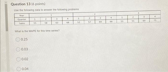 Question 13 (6 points) Use the following data to