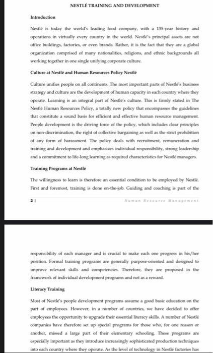 NESTL TRAINING AND DEVELOPMENT Introduction