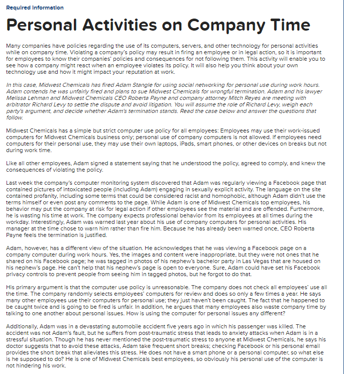 Required Information Personal Activities on