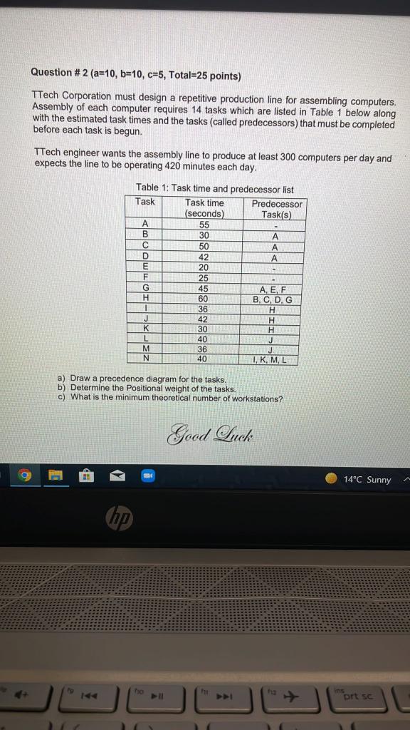 Question #2 (a=10, b=10, c=5, Total=25 points)