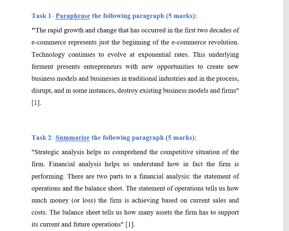 Task 1- Paraphrase the following paragraph (5