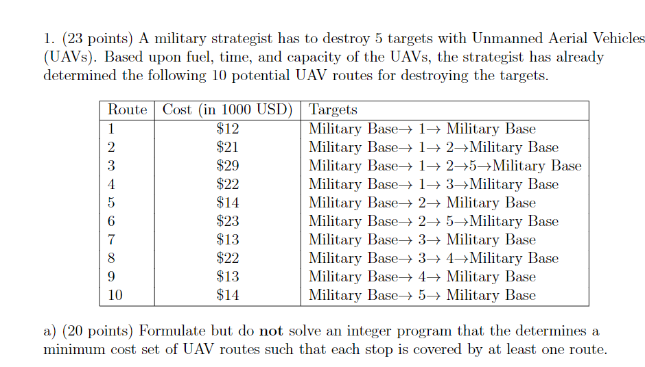 1. (23 points) A military strategist has to