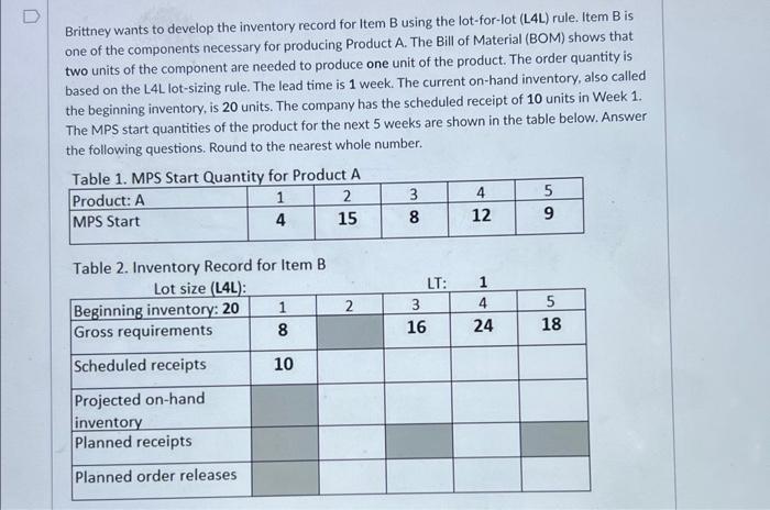 Brittney wants to develop the inventory record