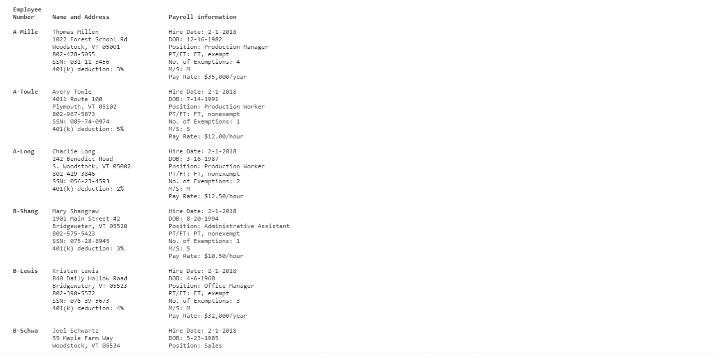 Employee Number Name and Address Payroll
