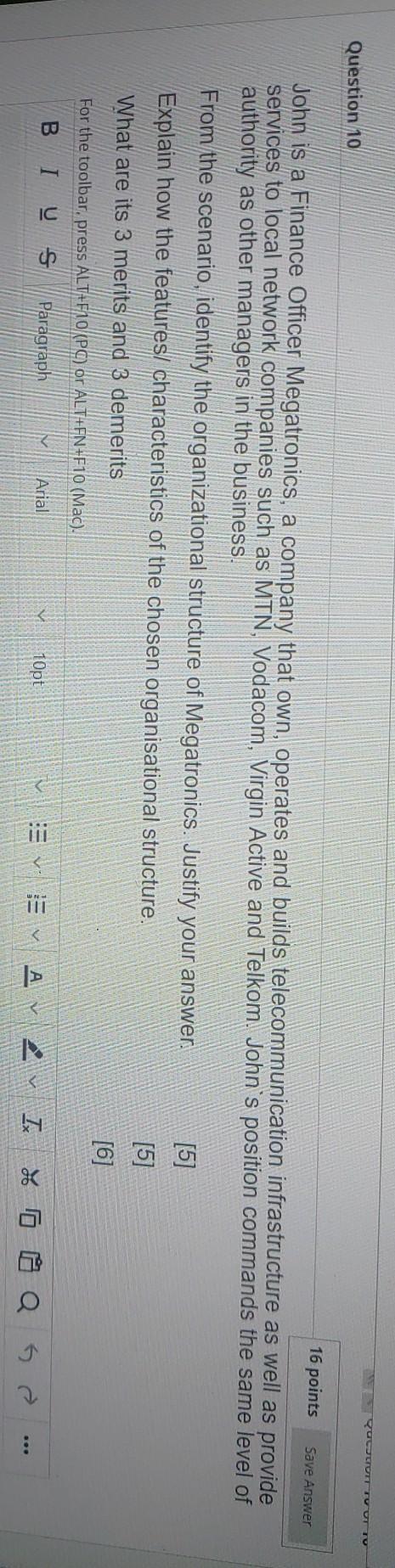 ESTOUTTUUT TU Save Answer Question 10 16 points