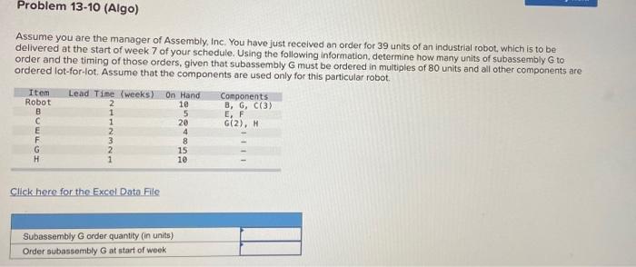 Problem 13-10 (Algo) Assume you are the manager