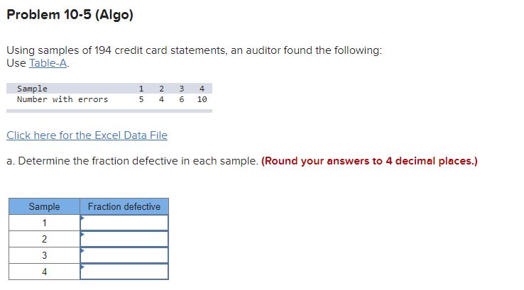 Problem 10-5 (Algo) Using samples of 194 credit