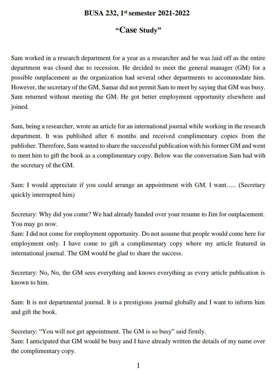 BUSA 232, 1st semester 2021-2022 Case Study Sam