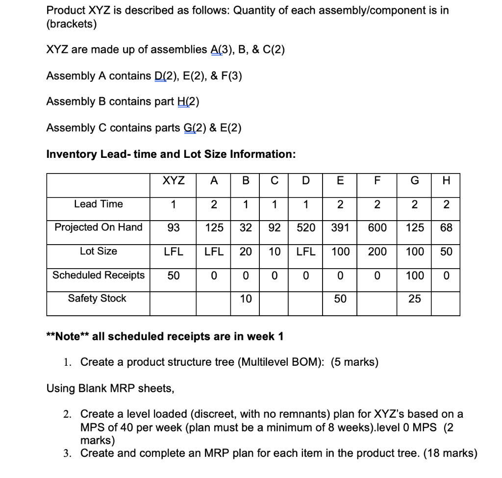 Product XYZ is described as follows: Quantity of