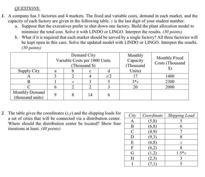 1. A company has 3 factories and 4 markets. The