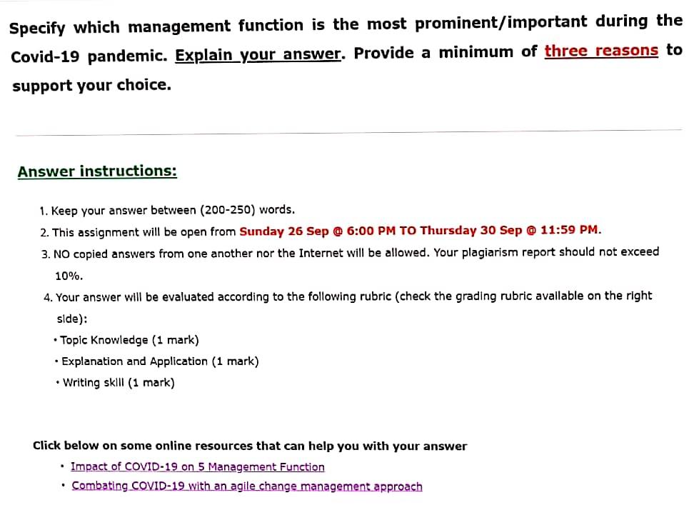 Specify which management function is the most