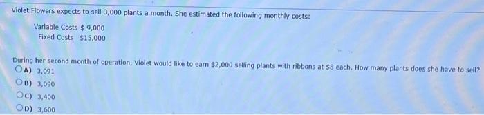 Violet Flowers expects to sell 3,000 plants a